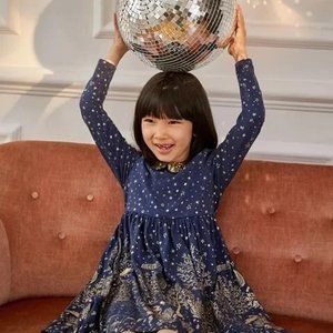 Mini Boden Woodland Sparkle Collared Party Dress in navy and gold, size 8/9